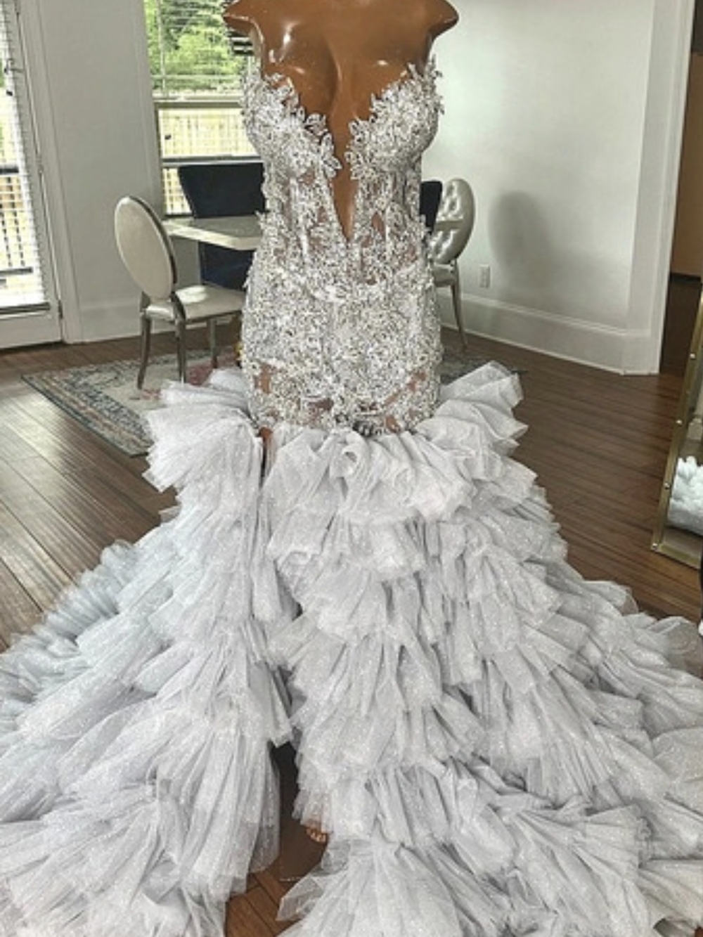 Custom Silver Beaded Mermaid Prom/Wedding Gown Like New